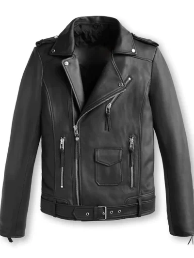 Classic Men Rider Belted Black Leather Biker Jacket