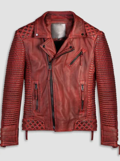 Men Waxed Biker Red Leather Motorcycle Jacket