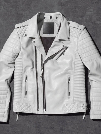 Men White Pearl Motorcycle Leather Jacket
